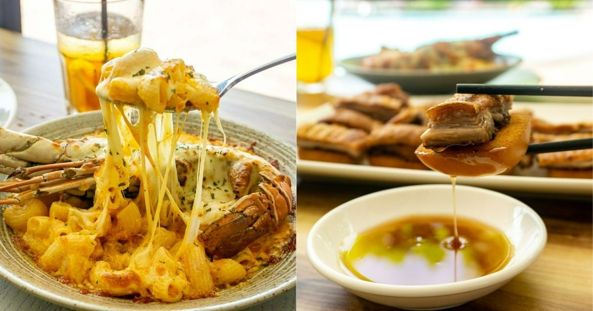 Collage of Lobster Mac and Cheese & Roasted Suckling Pig on Mantou