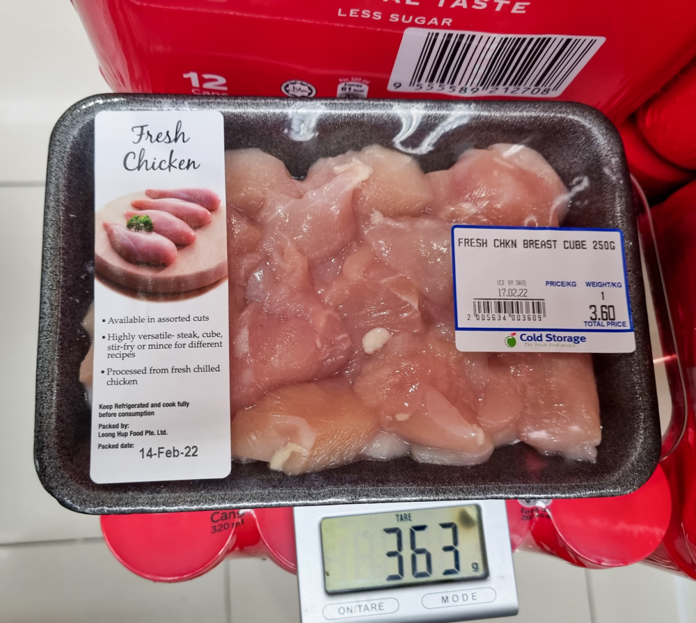 Image of CS' chicken breast cubes on a scale