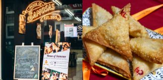 Collage of store front and samosas