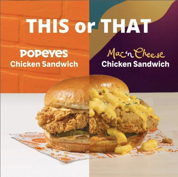 image of popeyes' chicken sandwich and mac 'n cheese chicken sandwich