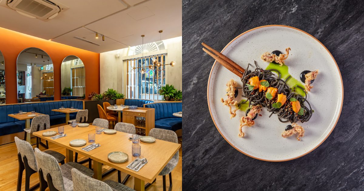 A picture of Lumbre's interior, and Squid Ink Capellini Pasta, Fried Baby Squids and Uni