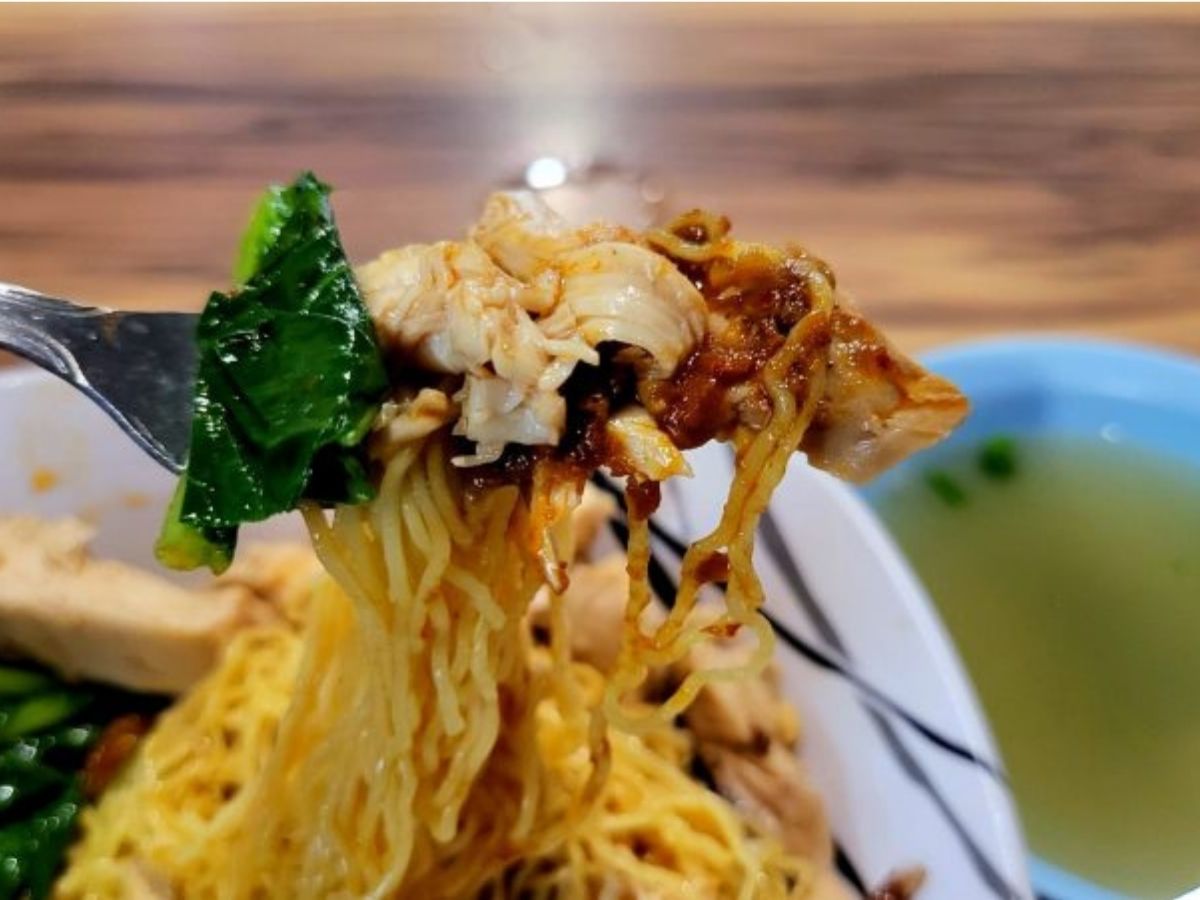 Sheng Ji Soya Sauce Chicken Rice/Noodle - noodles, chicken and vegetables on fork