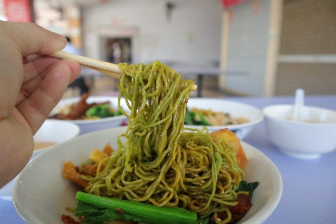 cho kee noodle - spinach noodles closeup