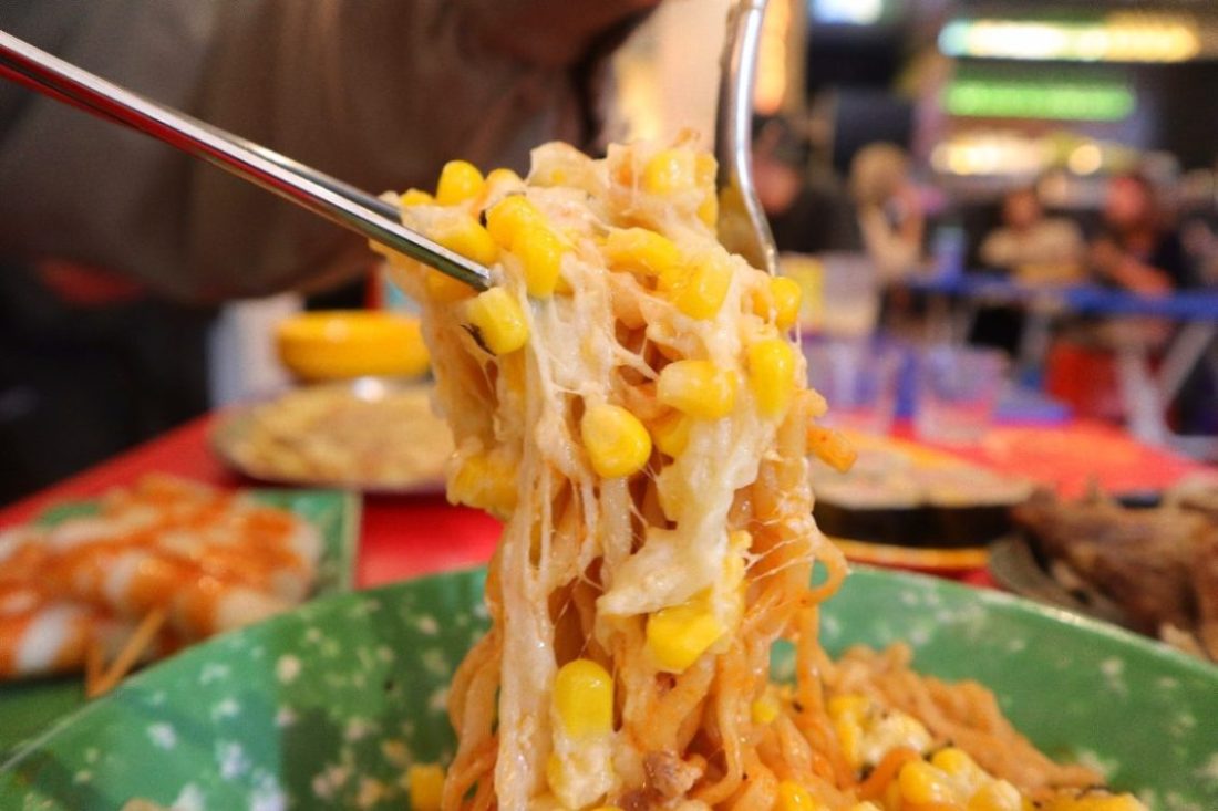 88 pocha - corn cheese noodles closeup