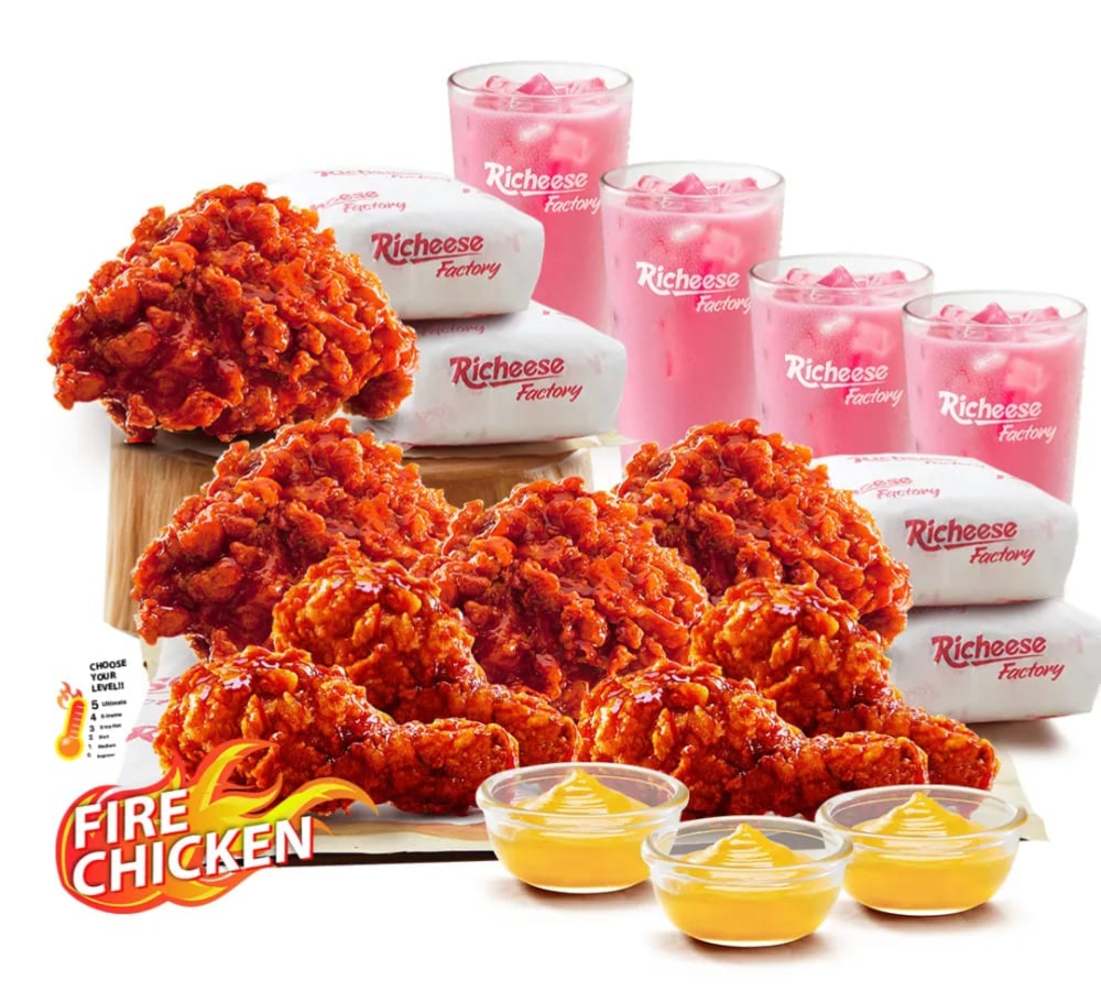 Richeese Factory - Fire chicken, plain rice packets, Pink Lava drink, and cheese sauce