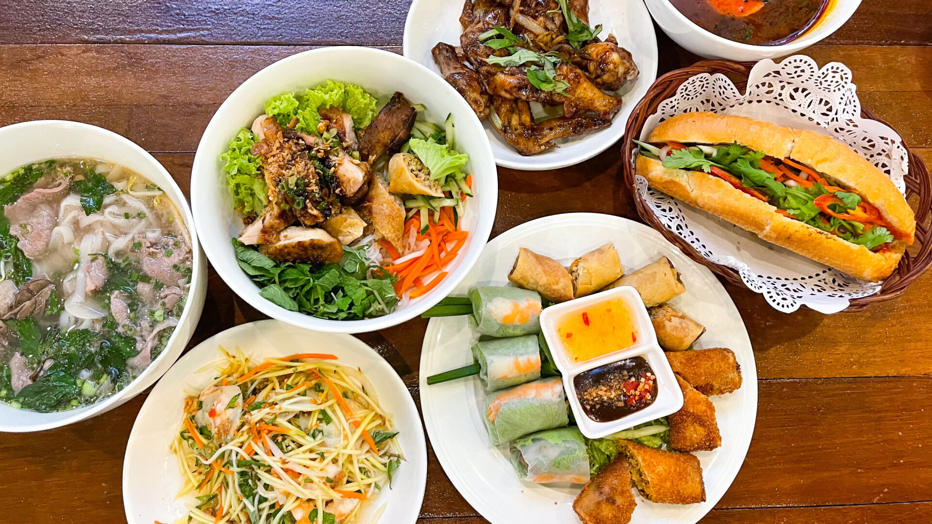 A flatlay of Vietnamese dishes