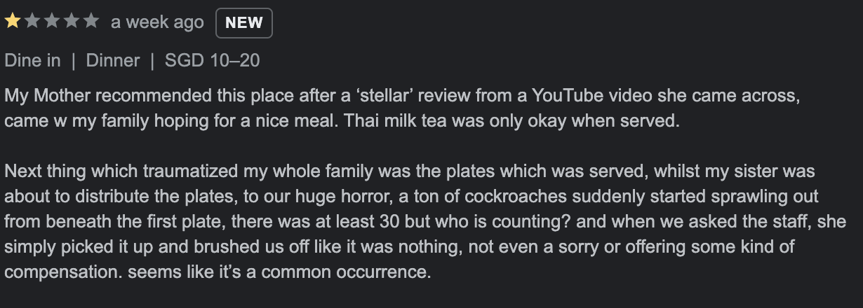 PrachinBuri Thai Kitchen suspension — comments on cockroaches