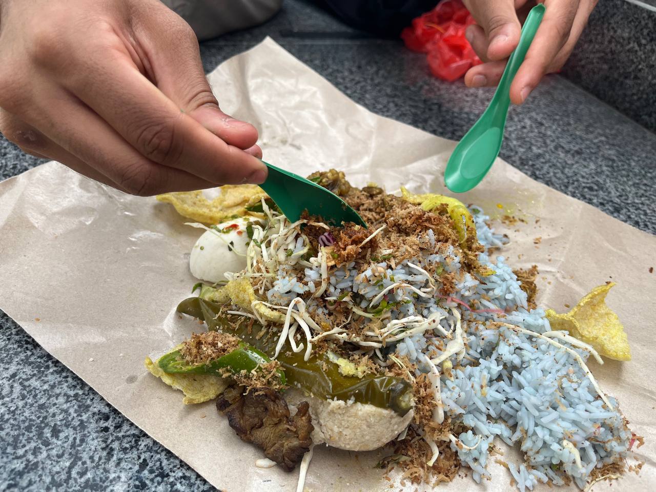 photo 6131735512566838692 y Nasi Kerabu Mek - close up of digging in