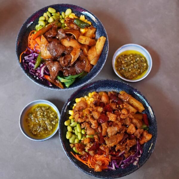 Oyster Mushroom Bowl and Spicy Mala Chicken Bowl