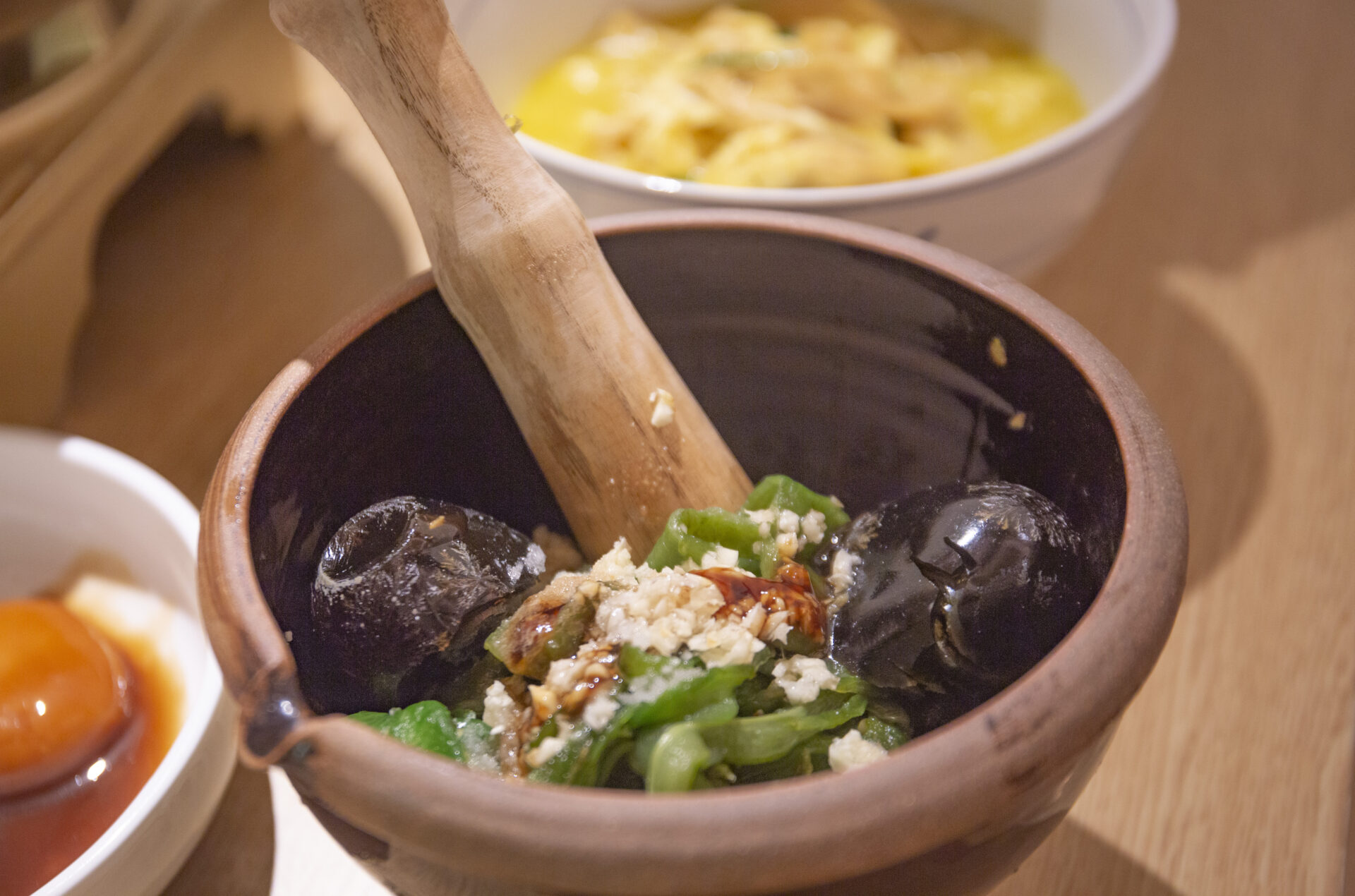 Pan Seared Green Chillis with Century Eggs Nong Geng Ji - Pan Seared Green Chillis with Century Eggs