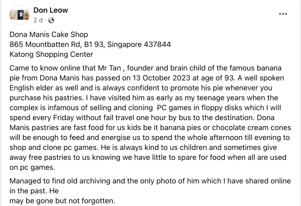 Dona Manis Cake Shop Mr Tan passing - FB post