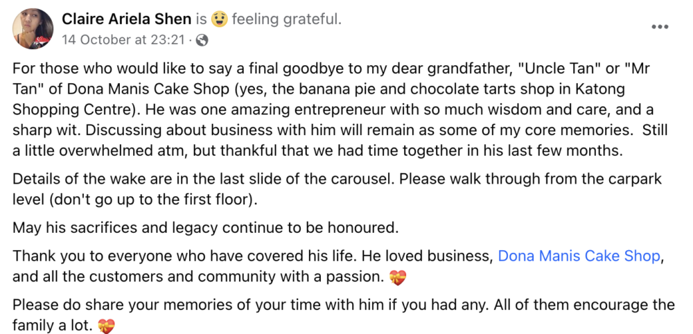 Dona Manis Cake Shop Mr Tan passing - FB post