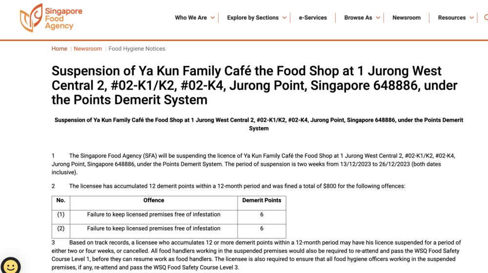 Ya Kun Family Cafe & King of Prawn Noodles suspension - SFA notice