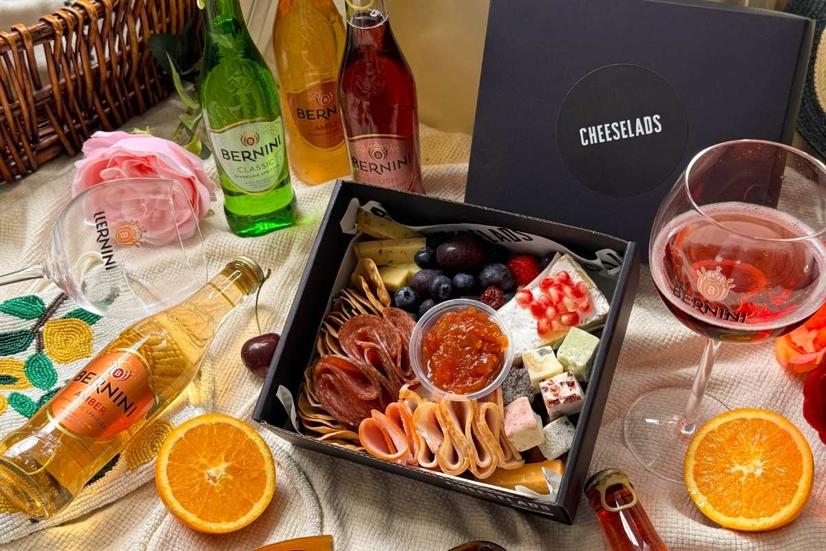Valentine's Day gift ideas - Bernini sparkling spritzers and a Cheeselads charcuterie platter set up picnic style Valentine's Day gift ideas - Bernini sparkling spritzers and a Cheeselads charcuterie platter set up picnic style