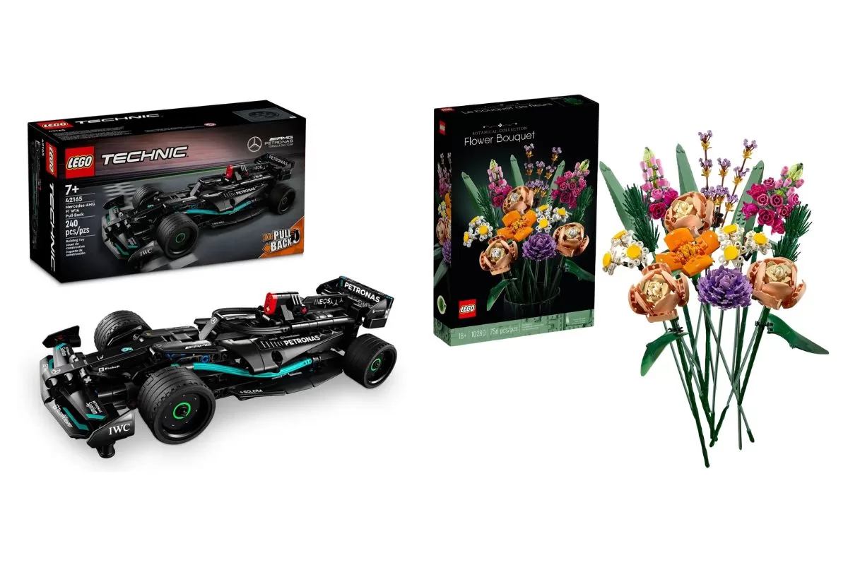 Valentine's Day gift ideas - LEGO product shots and boxes for the LEGO Technic Mercedes AMG W14 E Performance Pull Back and Flower Bouquet Valentine's Day gift ideas - LEGO product shots and boxes for the LEGO Technic Mercedes AMG W14 E Performance Pull Back and Flower Bouquet