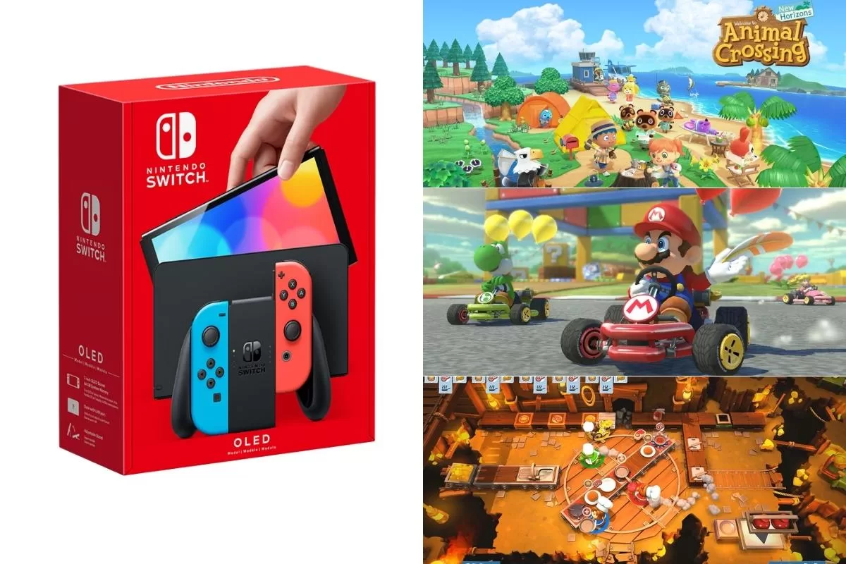 Valentine's Day gift ideas - Nintendo Switch OLED Model Neon BlueNeon Red set product photos and sample games like Mario Kart, Animal Crossing and Overcooked Valentine's Day gift ideas - Nintendo Switch OLED Model Neon BlueNeon Red set product photos and sample games like Mario Kart, Animal Crossing and Overcooked