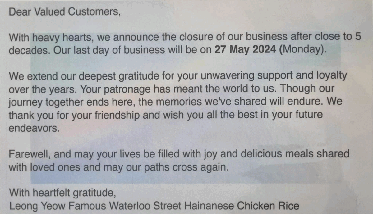Leong Yeow Chicken Rice closing note Leong Yeow Chicken Rice - closing note
