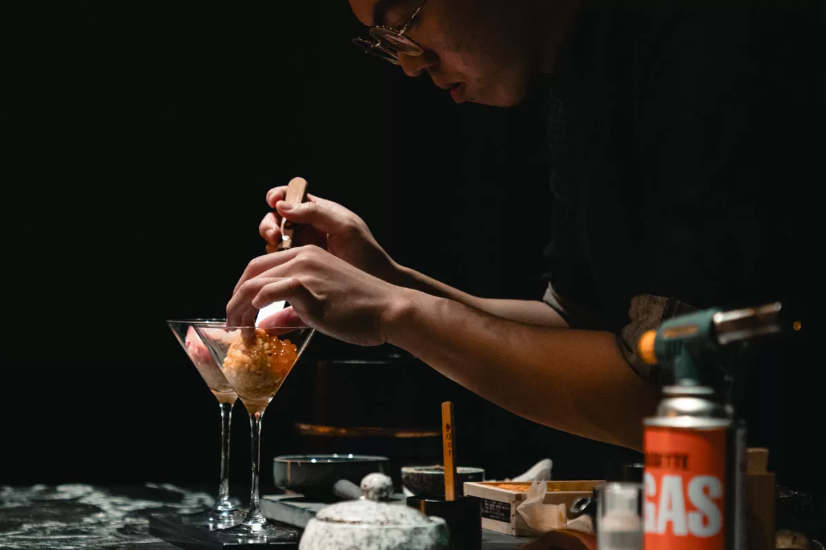An Omakase - putting dish together 