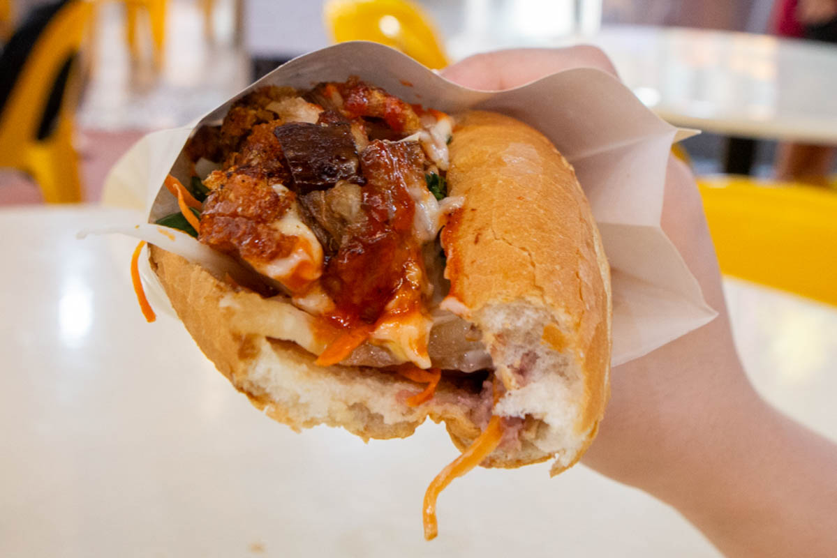 bu buong - roasted pork banh mi halved