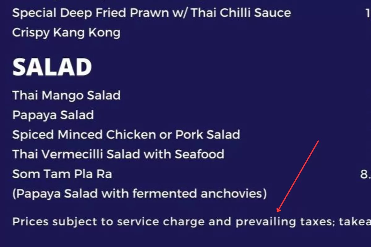 87 Just Thai Killiney 2 star - menu with indication of taxes