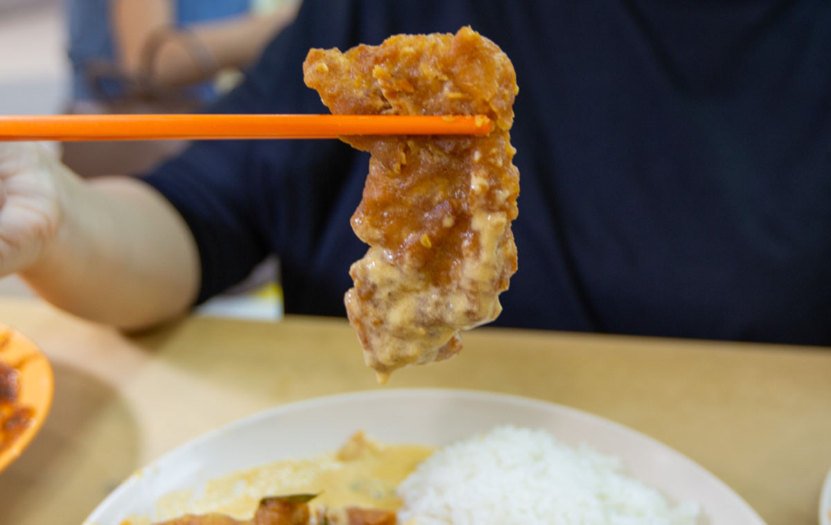 new station snack bar - salted egg pork piece closeup