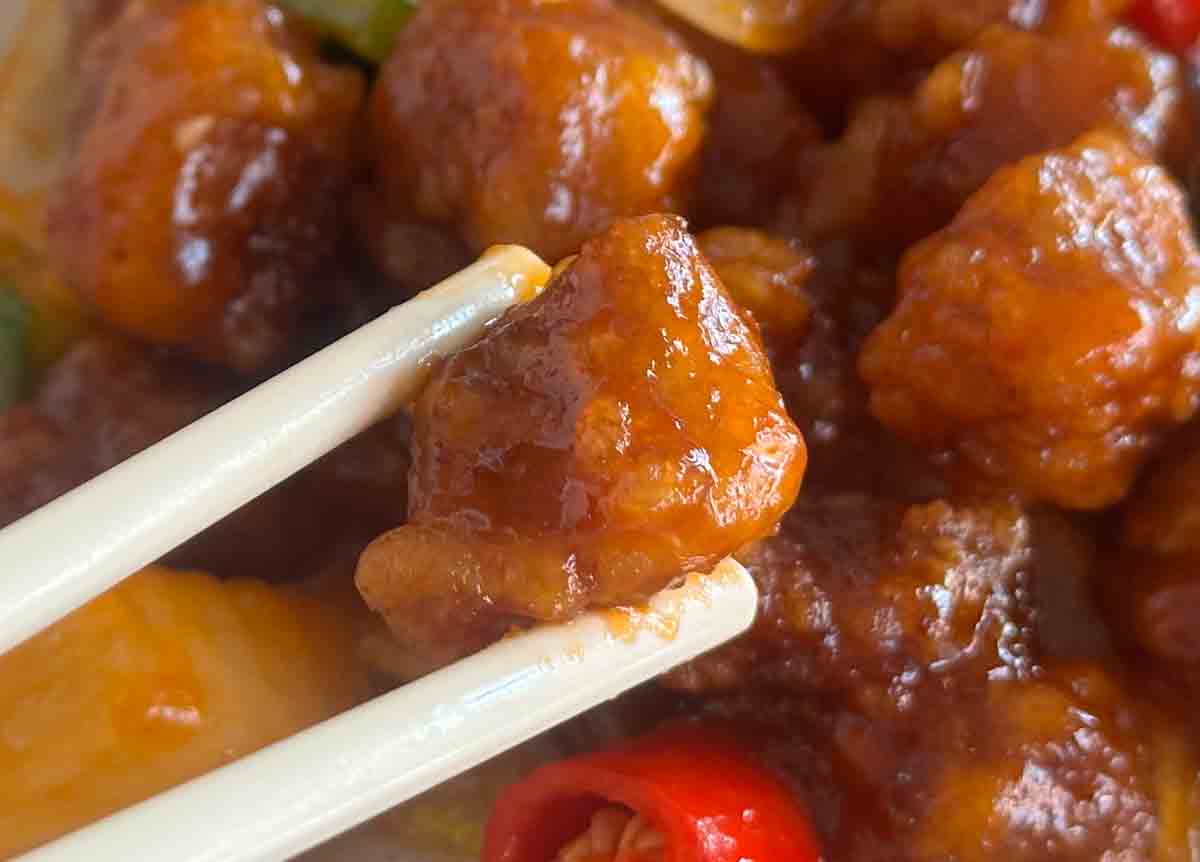 sin hoi sai - sweet and sour pork closeup