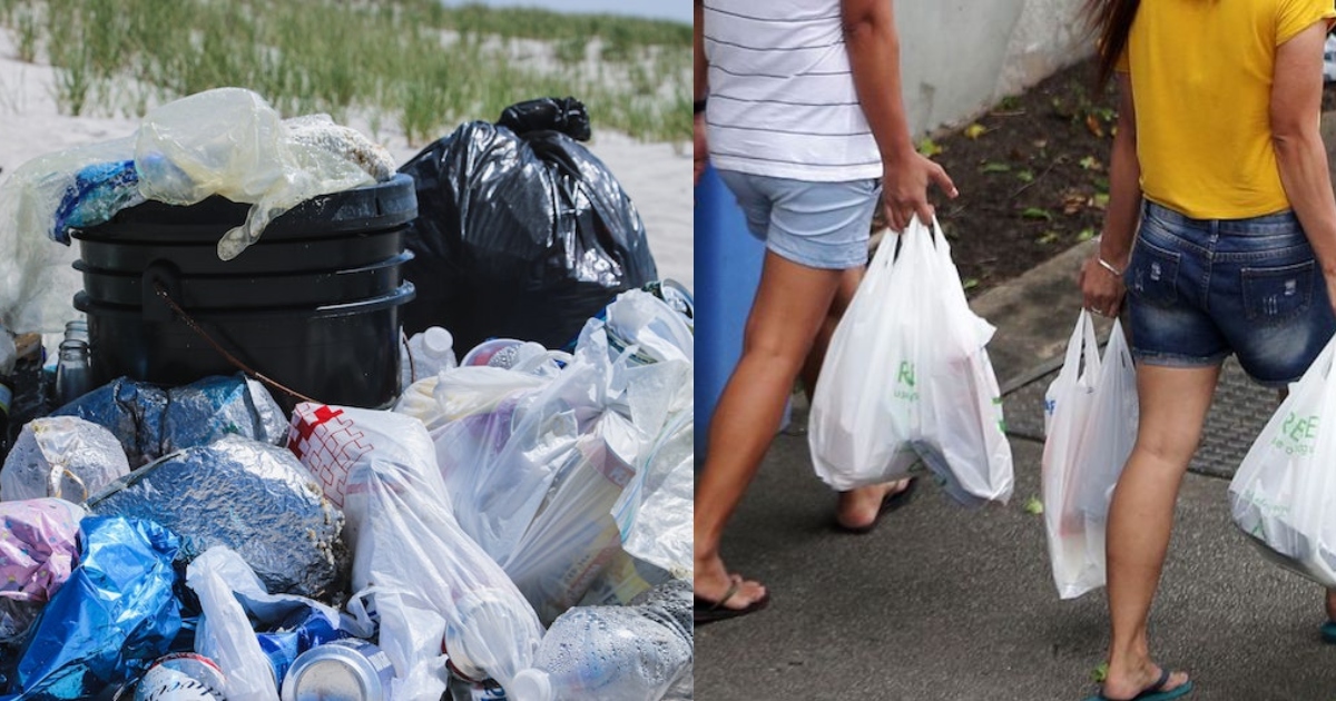 A collage of a pile of plastic bags and two person holding plastic grocery bags