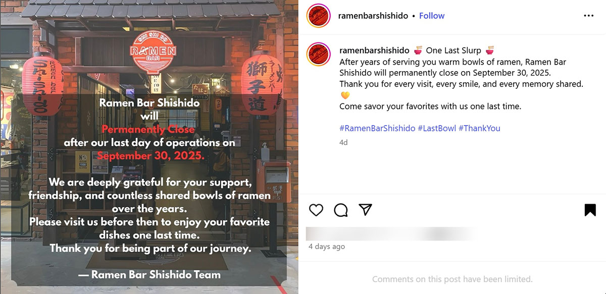 Ramen Bar Shishido - Closure announcement