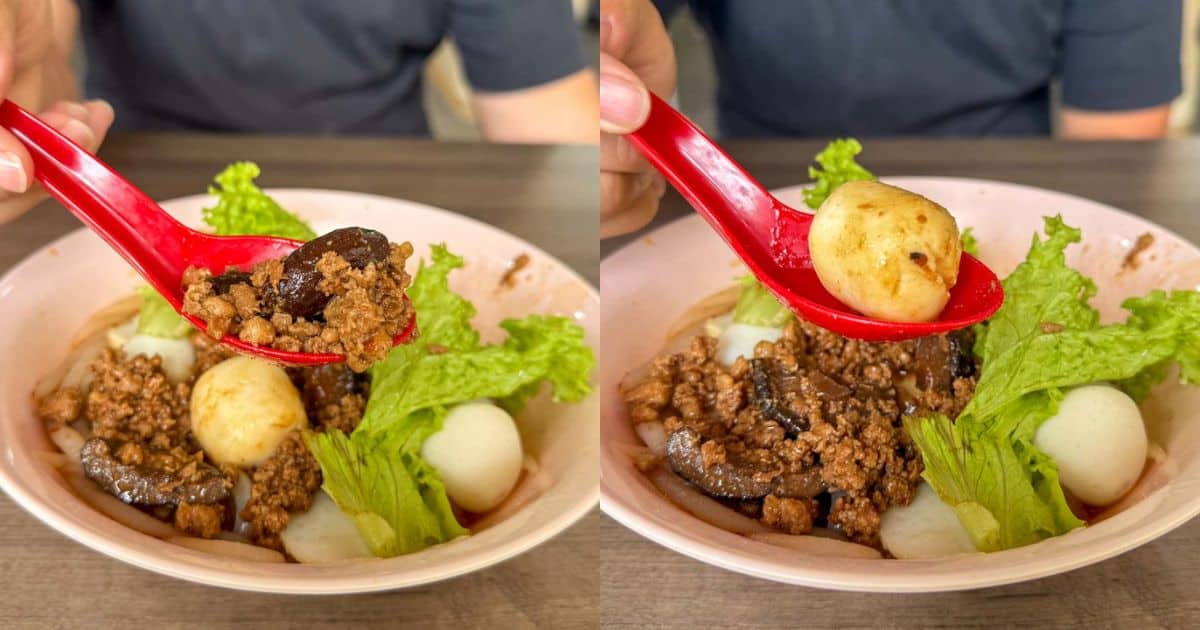 shu heng bi tai mak - minced meat, mushroom, fishball