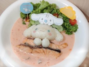 Wong Fu Fu Cinnamoroll - grilled salmon with rice and beetroot cream sauce