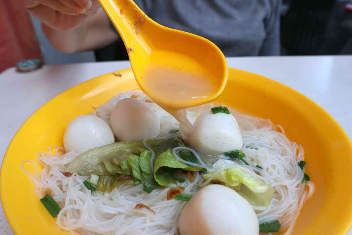 no name prawn mee - fishball noodle soup closeup