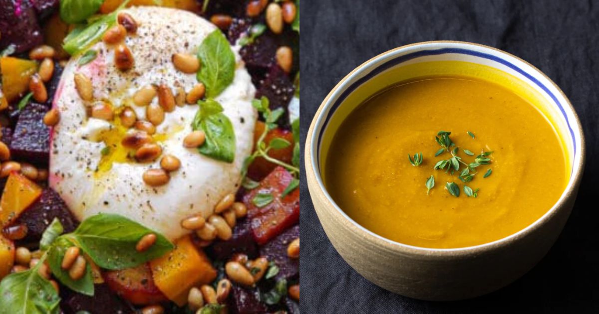 christmas restaurants 2025 - atout heirloom beetroot & burrata salad + carrot chestnut soup