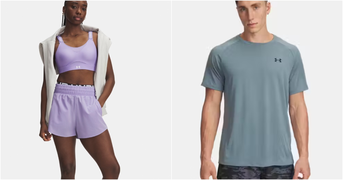 underarmour - woman in tank top and shorts, men in gym outfit