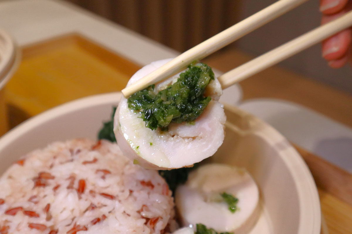 broth bowl - chicken roll closeup
