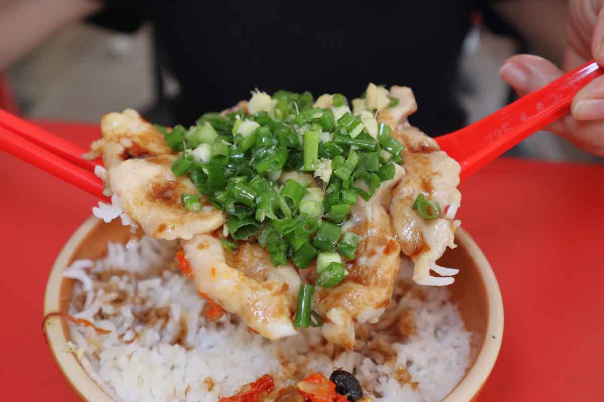 canton steamed rice - steamed scallions chicken closeup