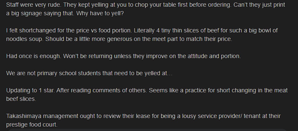 NamNam Takashimaya - bad reviews
