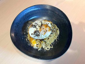 sio pasta opening - Fried egg, cheese, and japanese kelp pasta