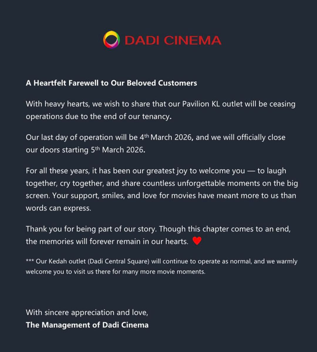 Dadi Cinema KL - Closure announcement