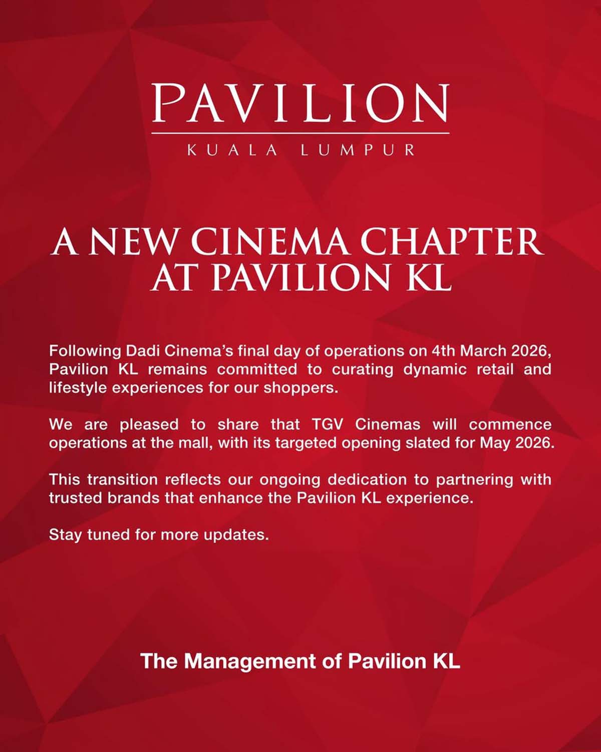 Dadi Cinema KL - TGV Takeover annoucement