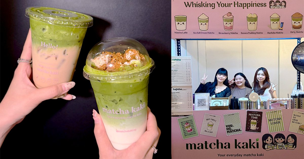 Image of the drinks (Peach Oolong Matcha on the left &  Banana Pudding Matcha on the right ) in the left & Exterior of the stall on the right