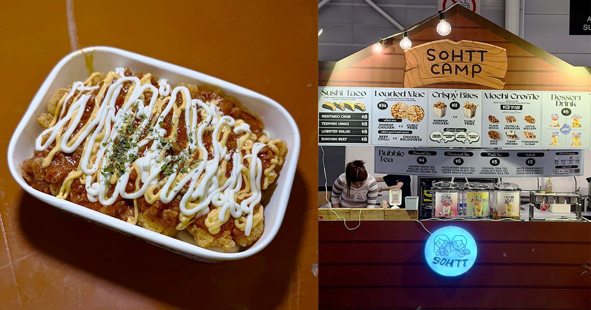 Image of the Food in the left (Loaded Mac with Popcorn Chicken and Chicken Bolognese) & Exterior of the stall on the right