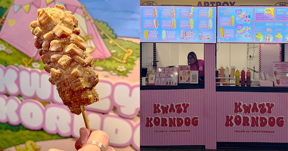 Image of the Food (Mantou Corndog) in the left & Exterior of the stall on the right