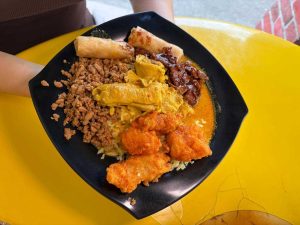 $7 cai fan buffet - egg, curry chicken, sweet & sour pork, fried rice