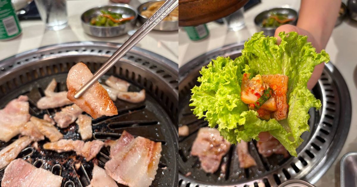 Omma Korean Charcoal BBQ deal - Pork Jowl (Left), Lettuce, Kimchi, Pork Jowl (Right)