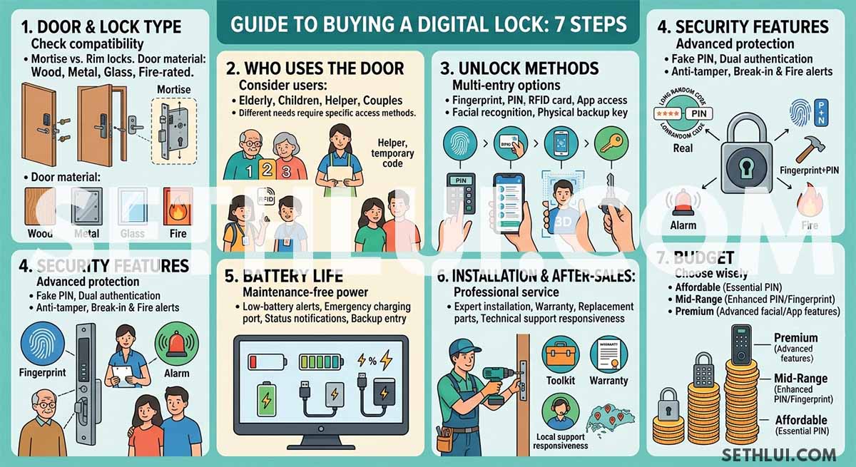 How to choose - digital door lock - 7 steps infographic with LINK