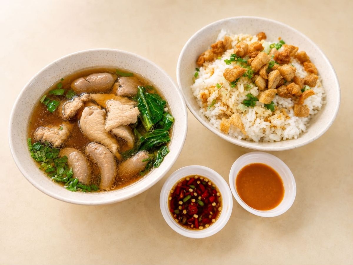 imperial broth noodles opening - crispy lard rice and herbal fresh pork soup