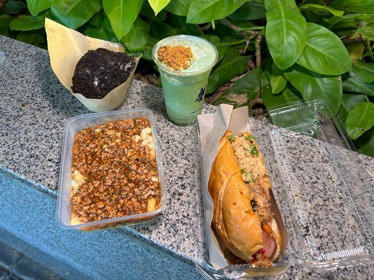 Punggol pasar malam - smoked duck banh mi, matcha latte with banana pudding, smoked duck banh mi and mochi ball
