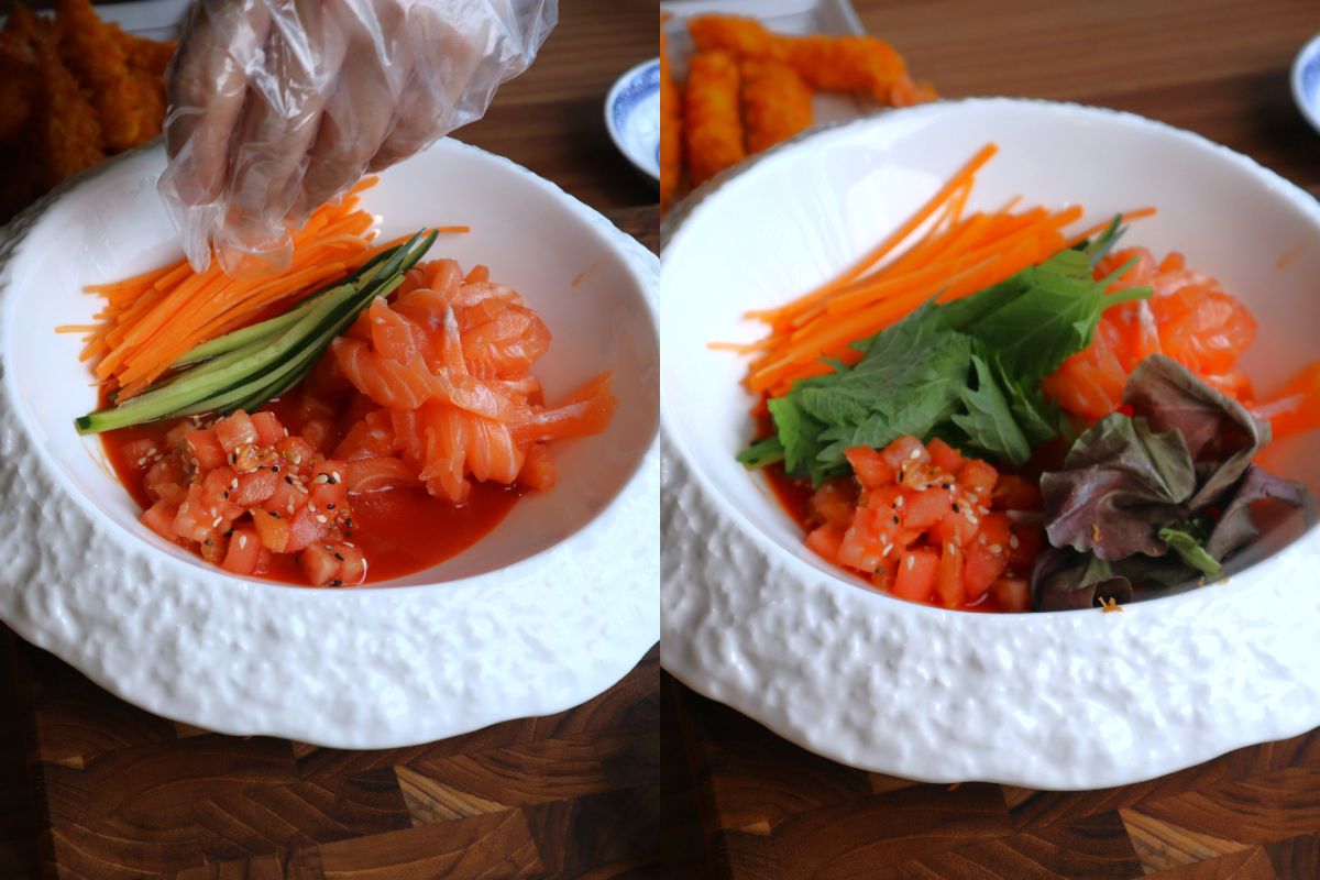 mibbedong salmon noodles recreation - adding toppings
