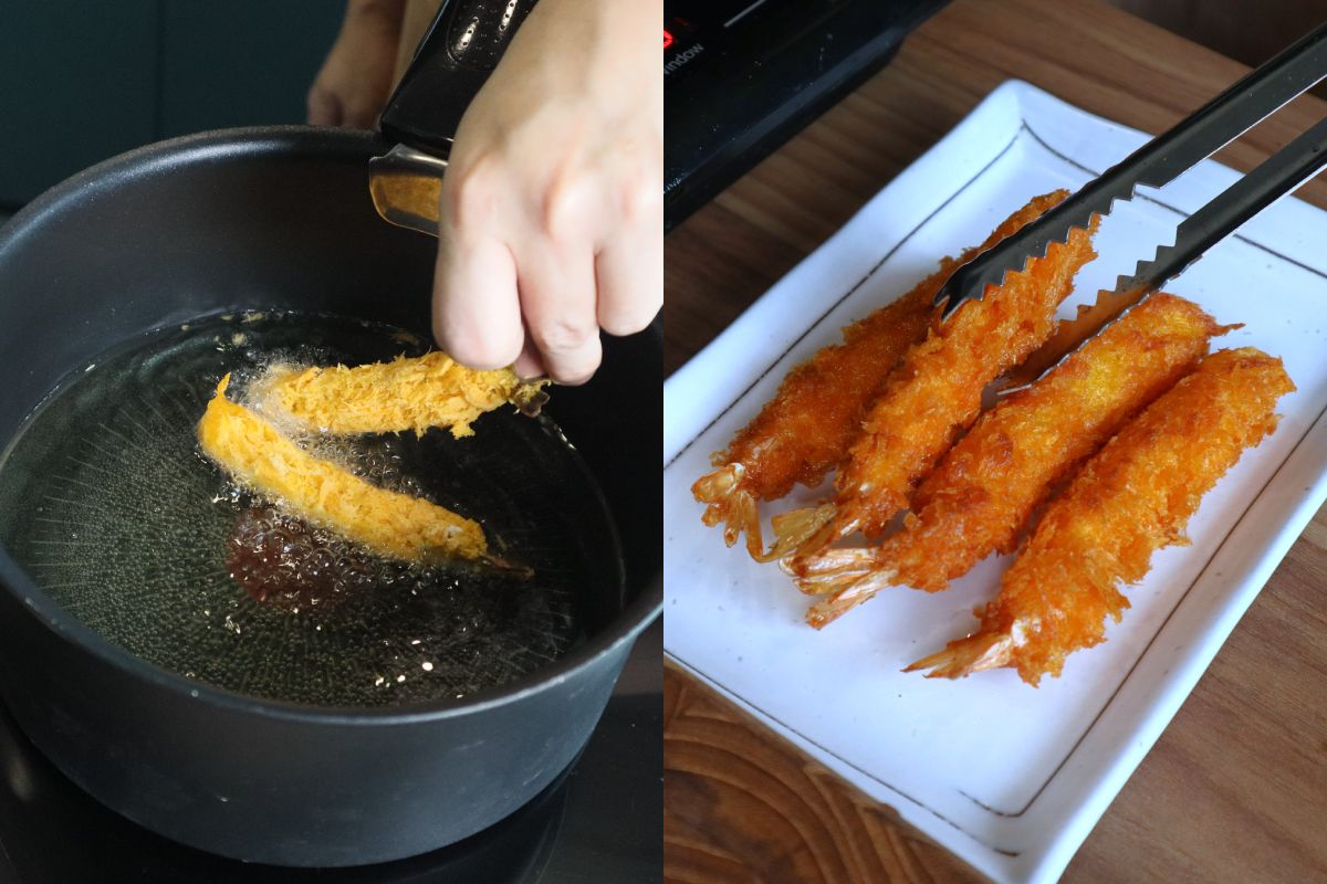 mibbedong salmon noodles recreation - frying prawns