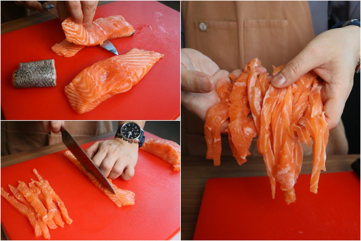 mibbedong salmon noodles recreation - salmon cut into strips